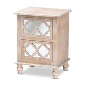 Baxton Studio Celia Transitional Rustic French Country White-Washed Wood and Mirror 2-Drawer Quatrefoil Nightstand